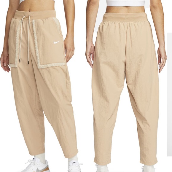 NWT Nike Sportswear Essential Faux Fur Trim Woven Beige Sand Pants Womens XXL - Picture 1 of 8
